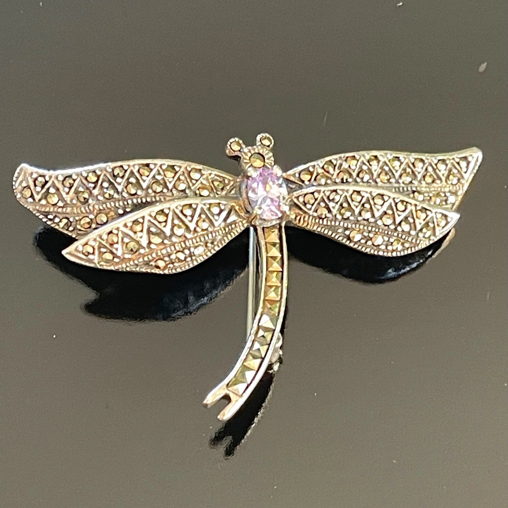 Vintage Sterling Silver Marcasite Amethyst Stone Dragonfly Brooch Pin